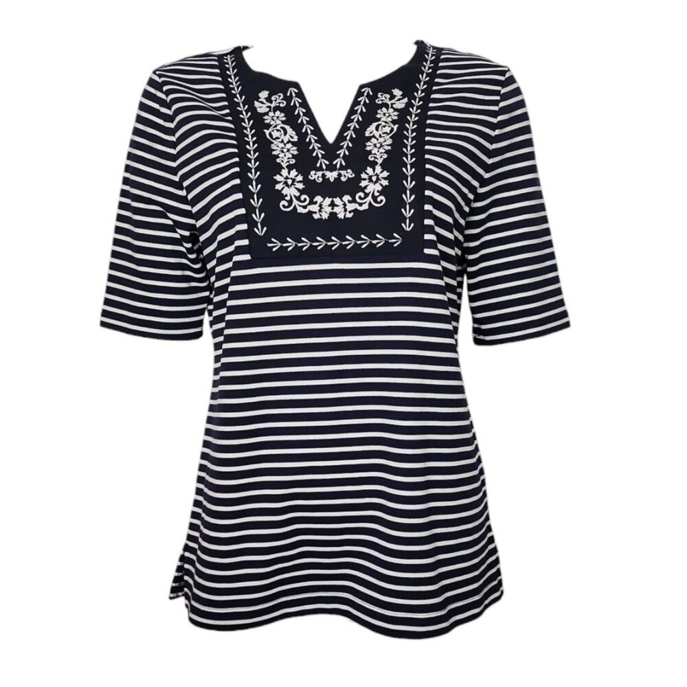 Croft & Barrow Top Womens Size M Medium Blue White Striped Embroidered Neckline‎